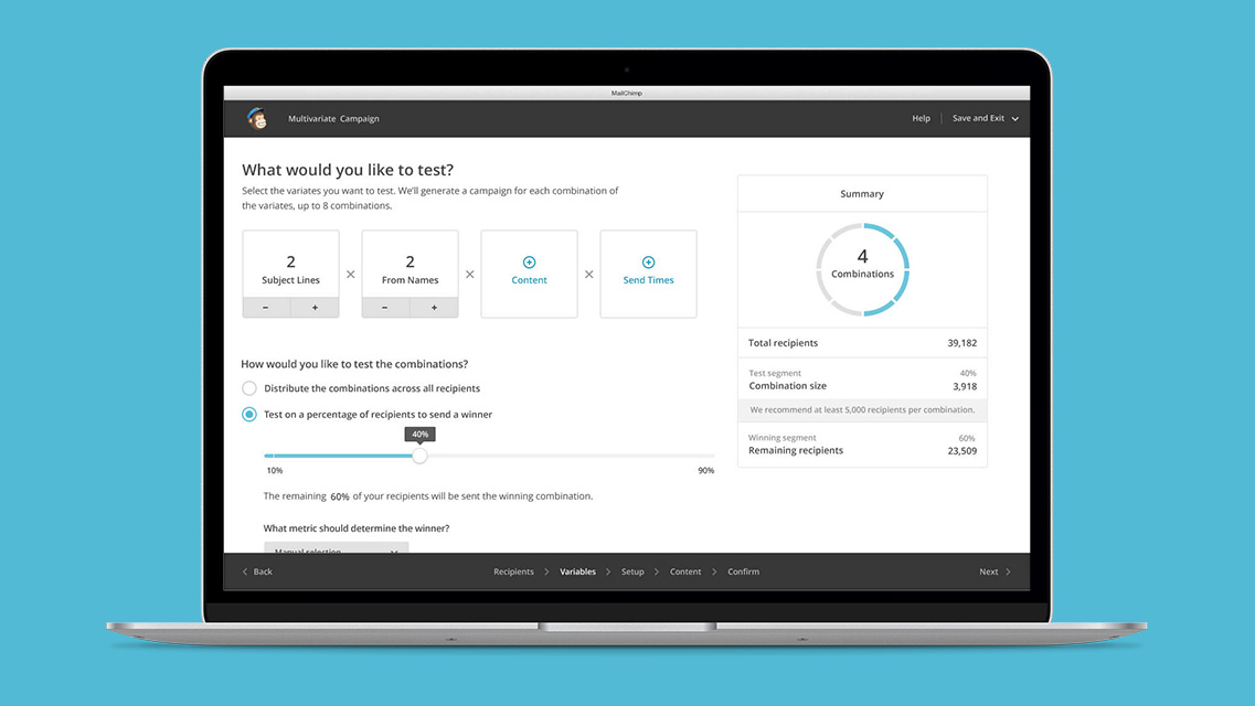 Laptop with MailChimp's multivariate testing interface on screen